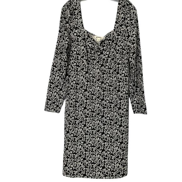 Boden Jersey Knit Mini Dress Women's 14 Long Black Swirl Long Sleeve Sweetheart - Picture 2 of 6